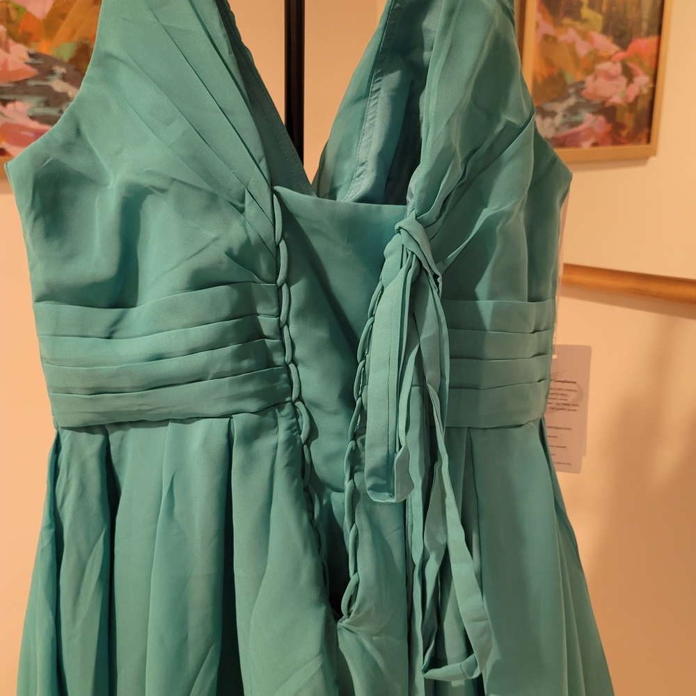 NWT MU XIANG CHEN Teal Chiffon Corseted Fit and Flare Short Dress Size 18 - Picture 5 of 16